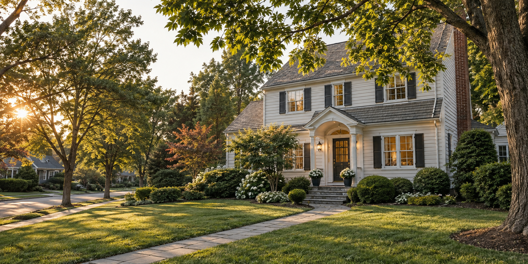 Inviting New Jersey home with a tree-lined sidewalk and landscaped front yard